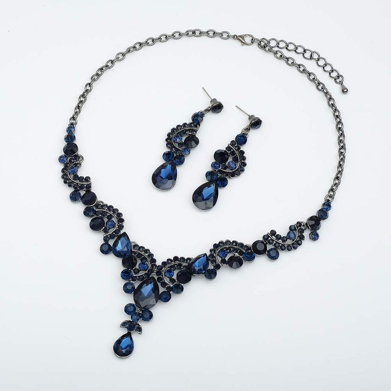 CSY 4 Pcs/Sets Vintage Necklace Earrings Bracelet Ring Retro Bridal Wedding Costume Jewelry Sets for Brides Women Gifts (Navy Blue) - Image 3